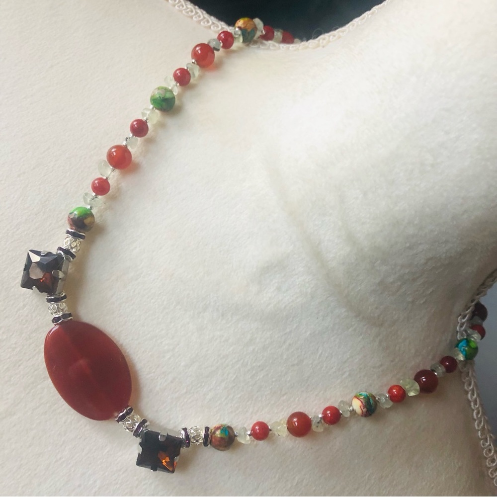 Handcrafted natural stone carnelian prehnite calsilica necklace
